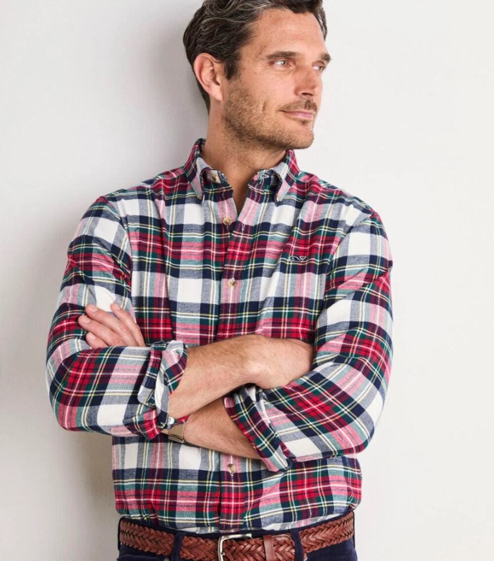 Vineyard Vines Men's Vineyard Flannel Plaid Shirt in Marshmallow Size Medium